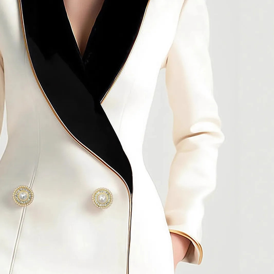 Women's beige irregular trench coat with golden edge pearl buttons and long sleeves
