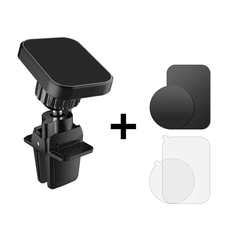 Black magnetic car phone holder mounted on vehicle air vent with anti-slip baffle plate