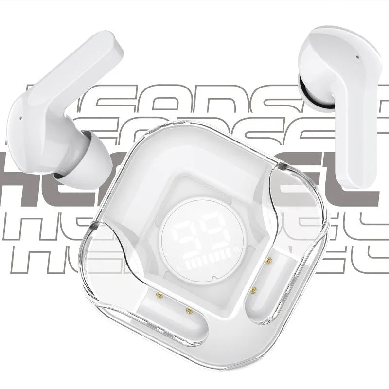 White wireless Bluetooth TWS in-ear headphones with a plastic case on a neutral background.