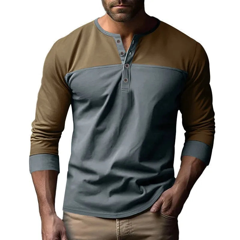 Men's brown army green long-sleeve casual shirt with Henry collar