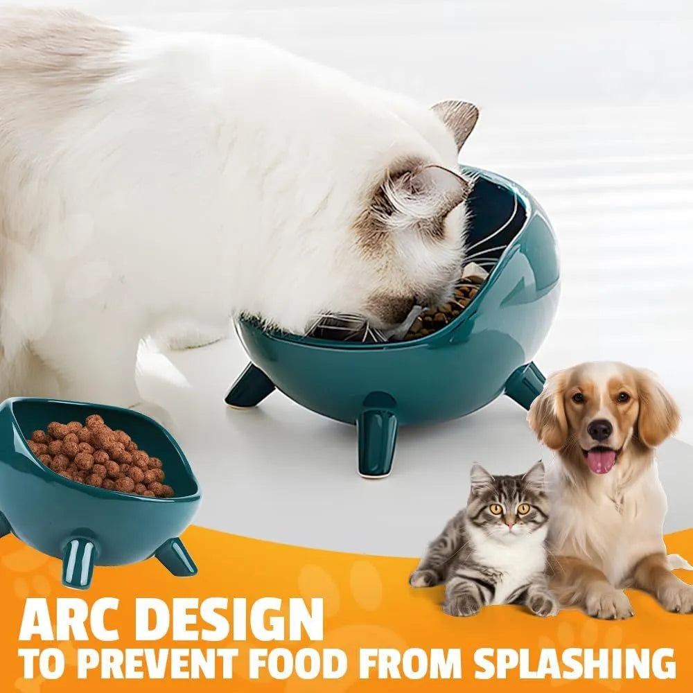 Green ceramic pet bowl with four-legged stable base and wide-mouth design