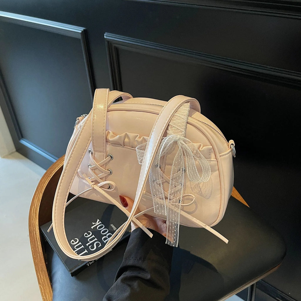 Milky white PU leather ladies shoulder bag with bandage bow and crossbody strap