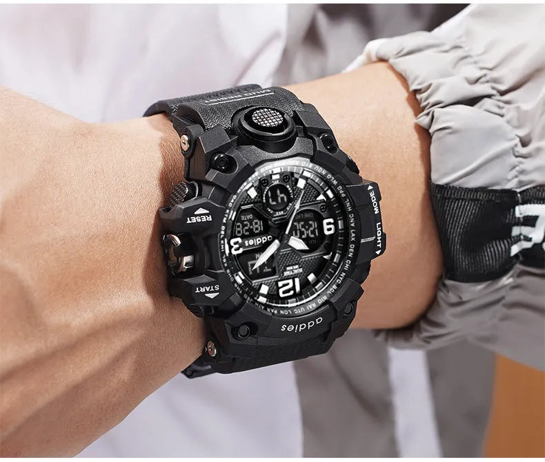 Men's electronic sports watch with dual analogue and digital display on plastic strap