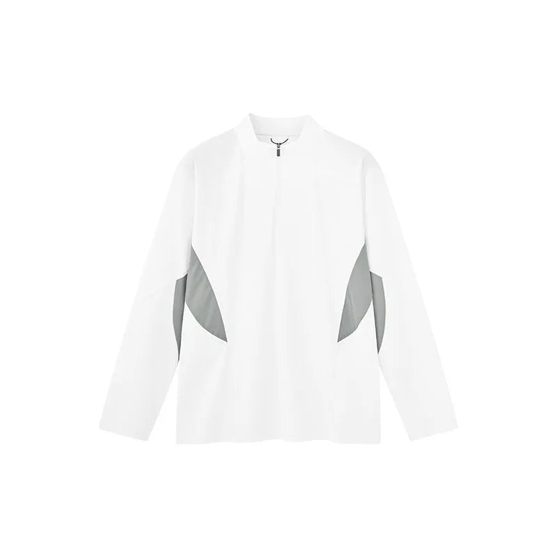 Men's solid colour polyester top with stitching detail, shown in black and beige, long sleeve and short sleeve versions.