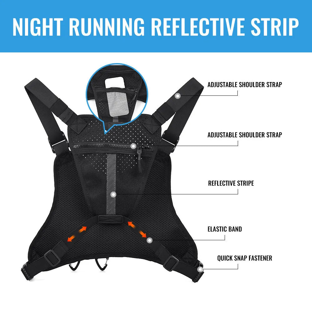 Men's oxford cloth chest bag in black, shown in a vest-style design for outdoor sports and daily wear.