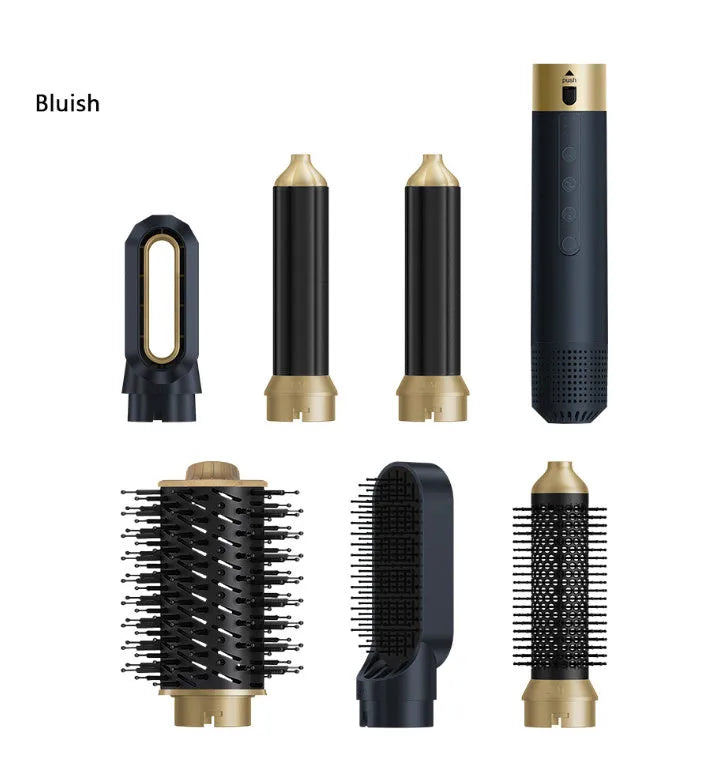 Dark blue and white 6-in-1 electric hot air comb with leather case for hair styling.