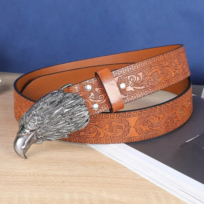 Men's black imitation leather belt with a metallic alloy cow head buckle and pin buckle fastening