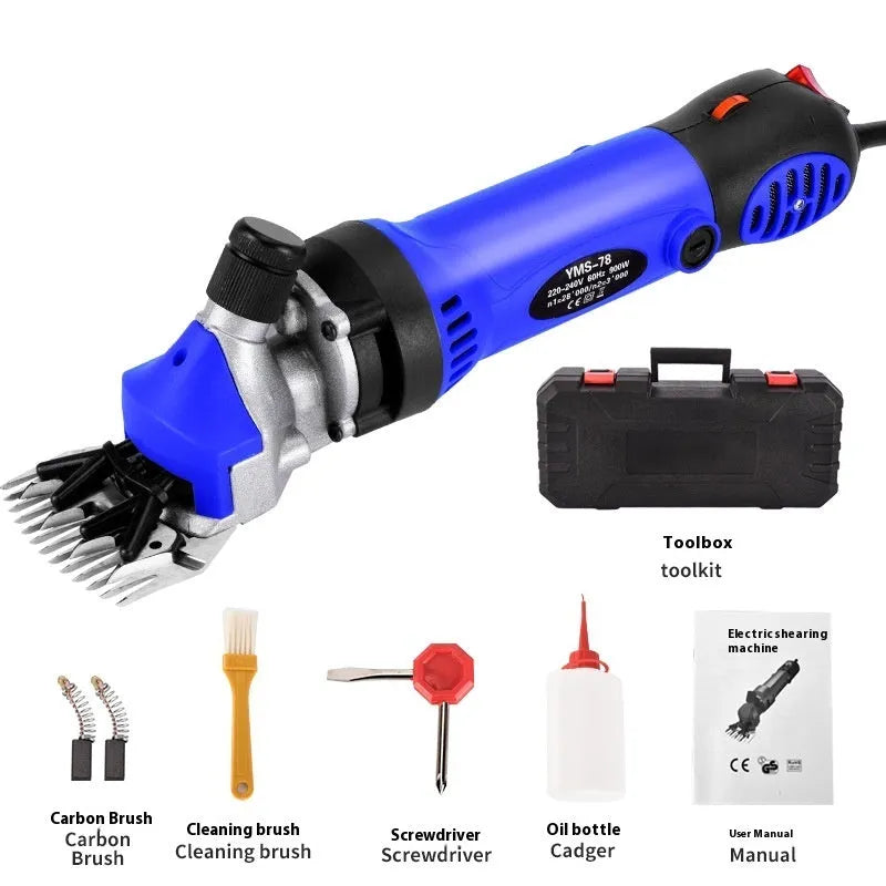 Yellow electric wool shearing machine with 110V plug and multiple blade sets in a plastic storage box