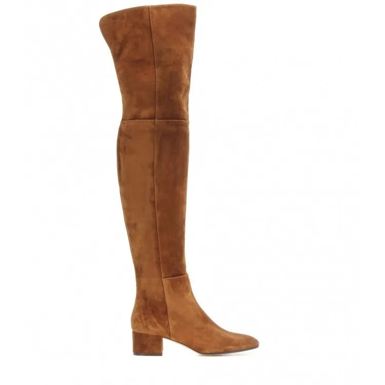 Grey suede women's over-the-knee boots with a pointed toe and flat low heel.