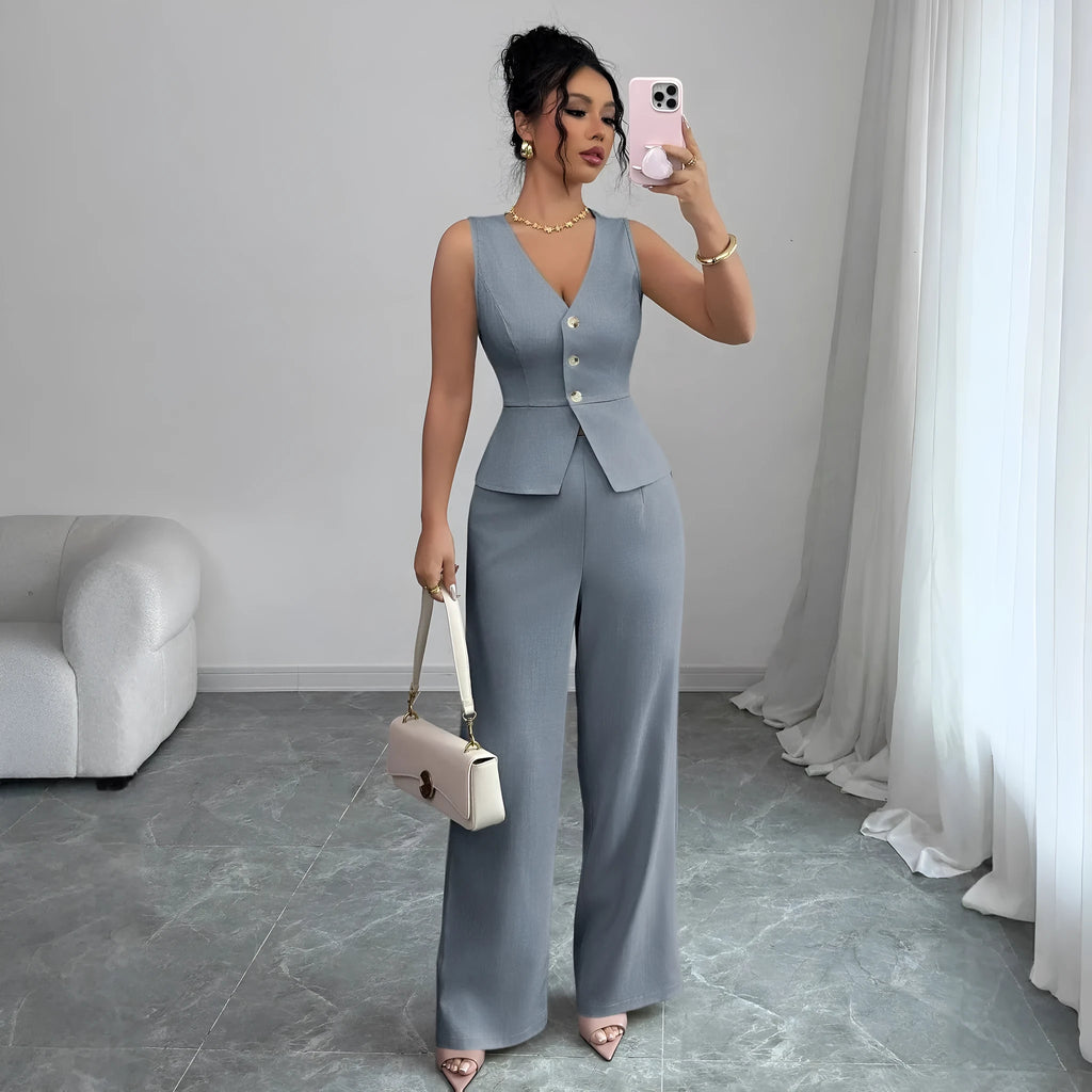 Women's sleeveless vest and high-waisted trousers two-piece set in solid colour