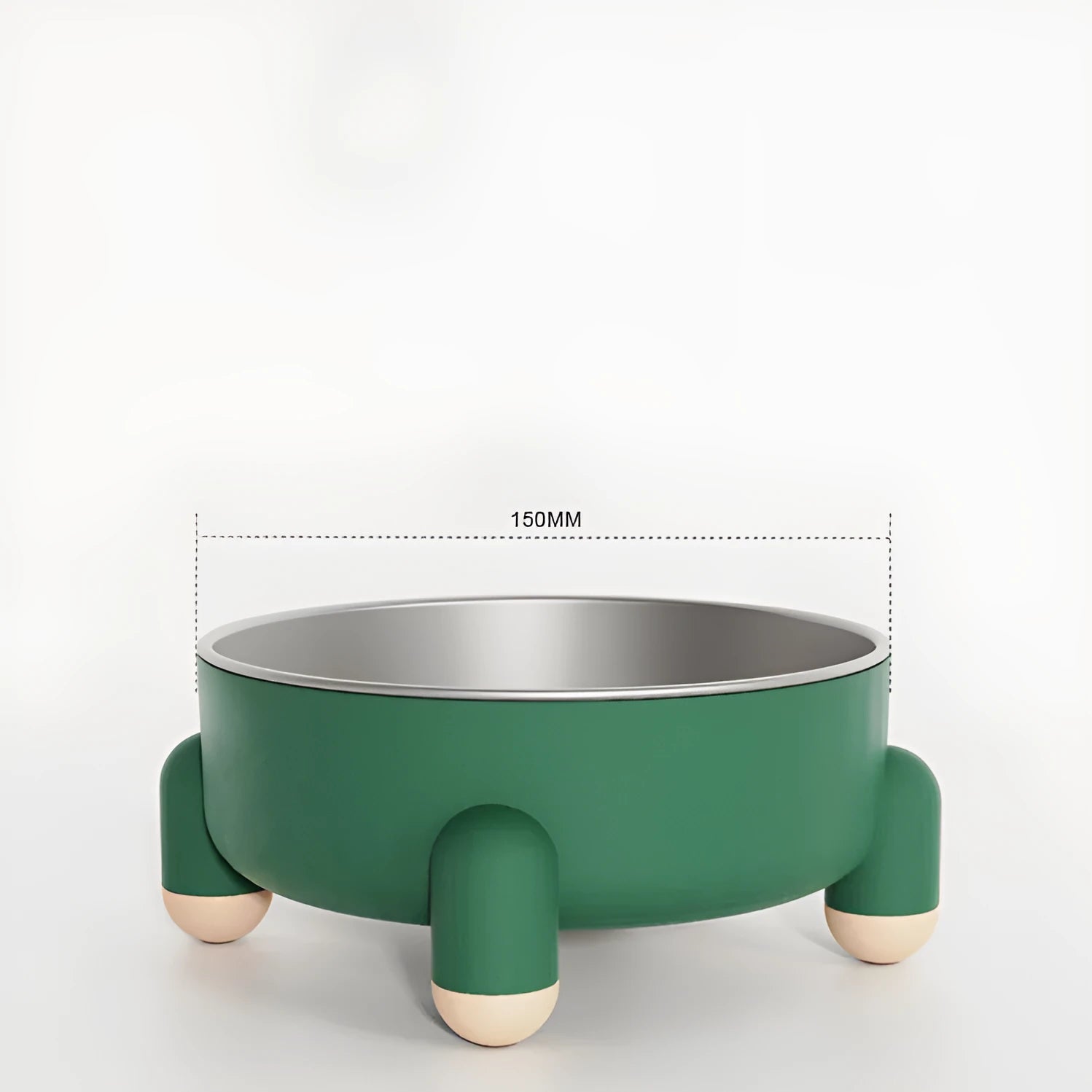 Green stainless steel pet bowl with a high foot and non-slip base on a kitchen floor.