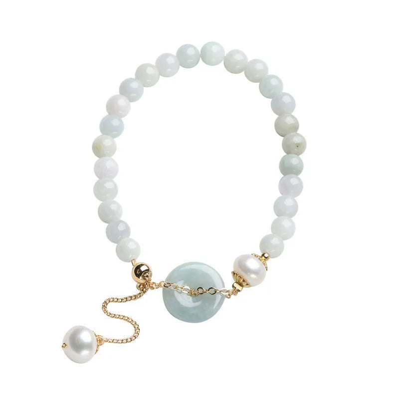 Jade and pearl bracelet with emerald peace buckle clasp and round pendant
