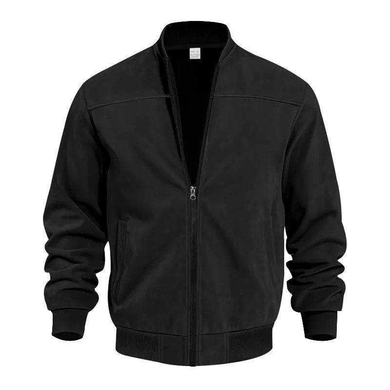 Men's plus size suede zipper jacket in army green with cotton lining, shown in regular fit.