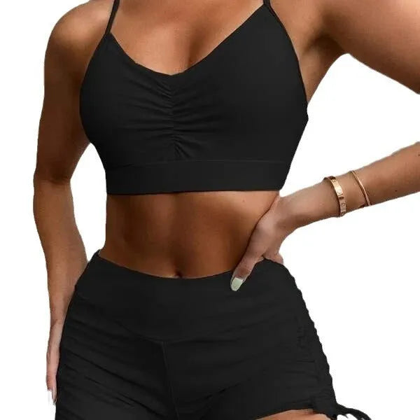 Women's black or purple high waist split swimsuit bikini set with sleeveless top and shorts
