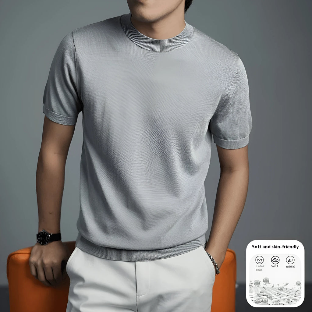 Men's knitted t-shirt in chemical fibre blend with round neck and short sleeves in solid colour options