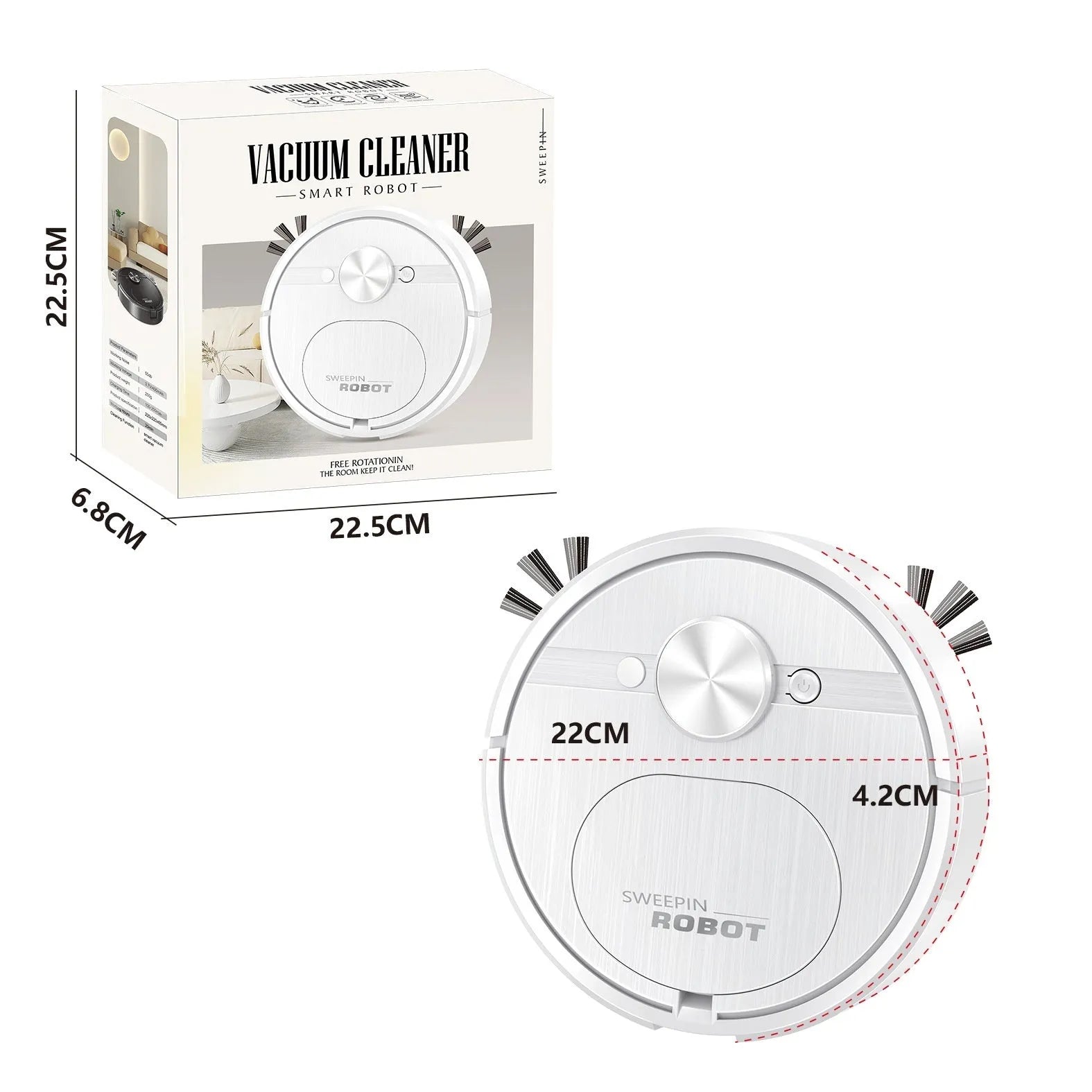 Three-in-one USB charging automatic home intelligence cleaner robot in white with suction sweeping mopping