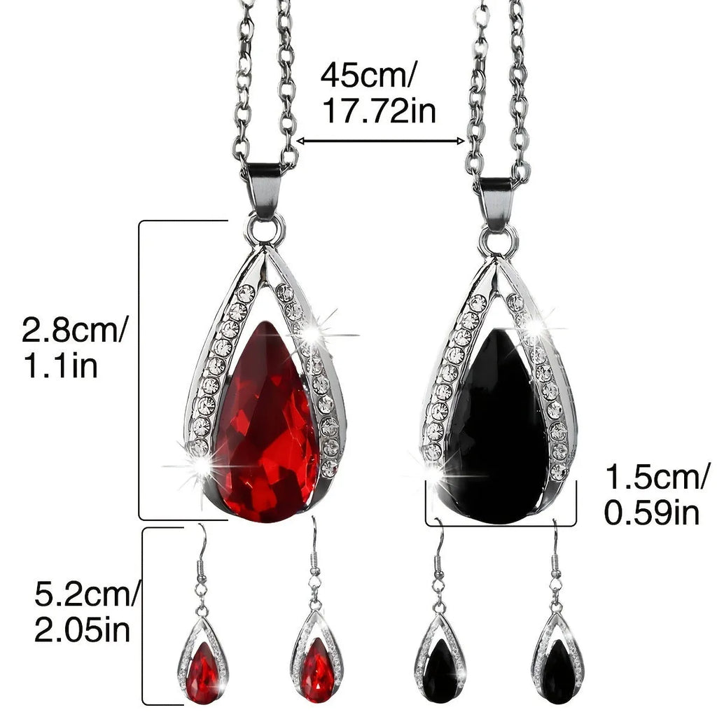 Teardrop pendant necklace and earrings jewellery set in black or red colour options
