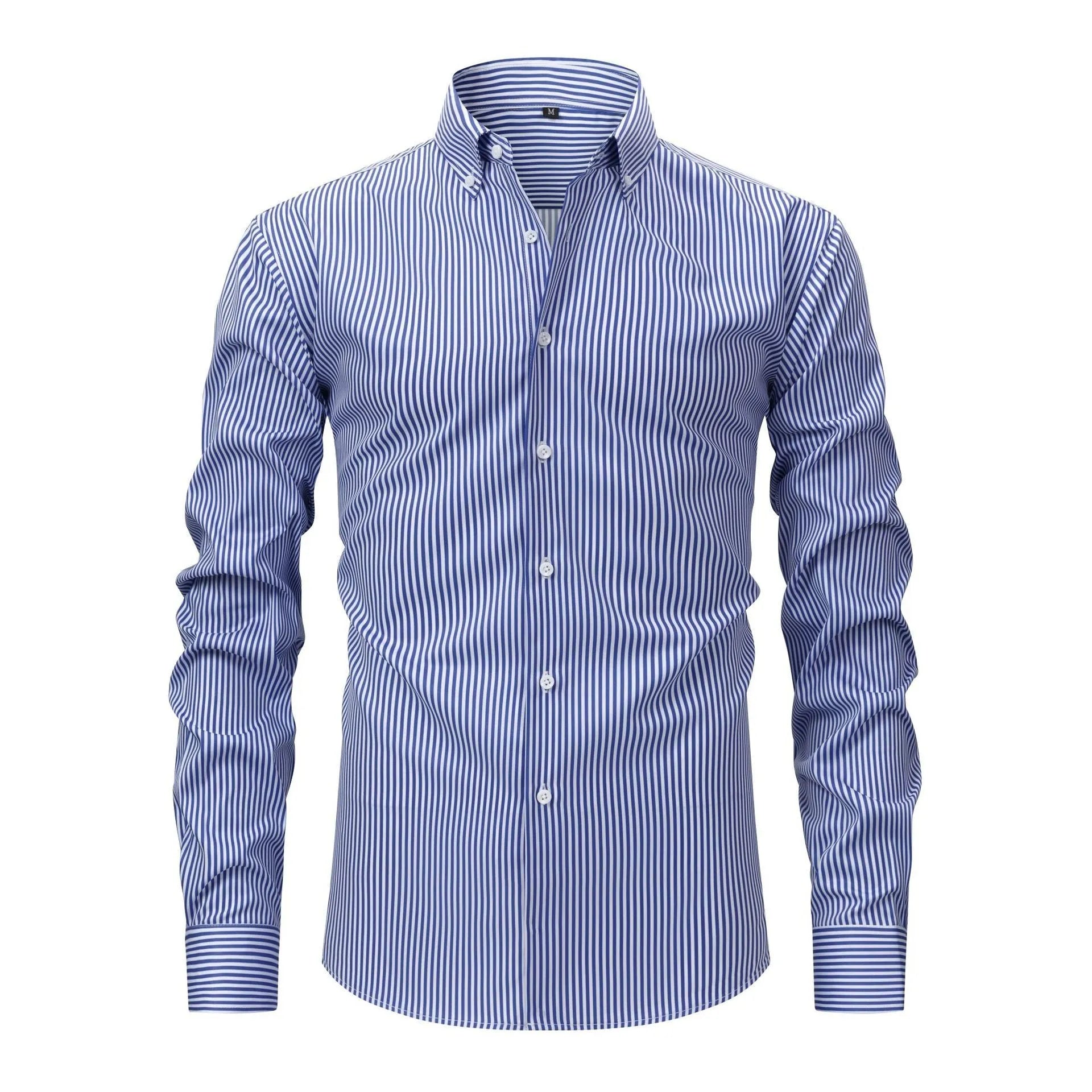 A man wearing a long-sleeved striped business shirt with a lapel collar, showcasing its non-ironing fabric.