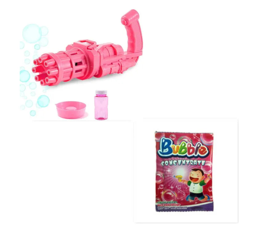 Kids handheld bubble machine gun toy in pink, gold, or black colours with removable bubble head.
