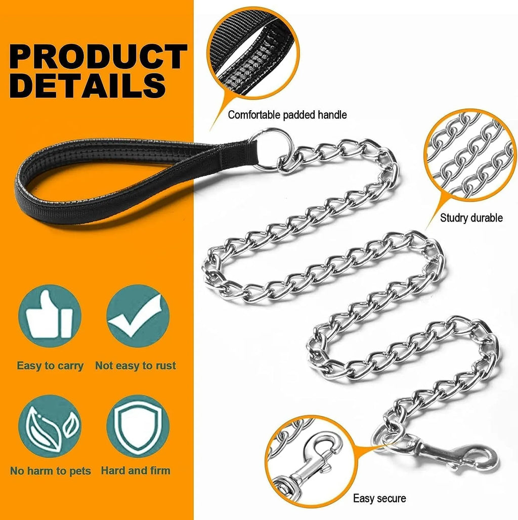 Heavy duty metal dog leash chain with a soft black padded handle