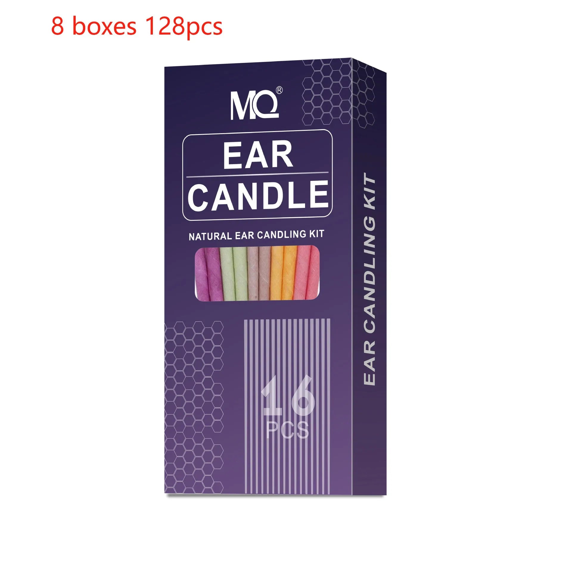 Ear candle health massage kit showing 16 candles, 8 protection boards, and 16 swabs in assorted colours