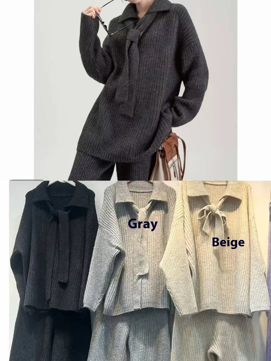 Sweater suit two-piece set with imitation cashmere fabric in beige, dark coffee, dark gray, or gray colours