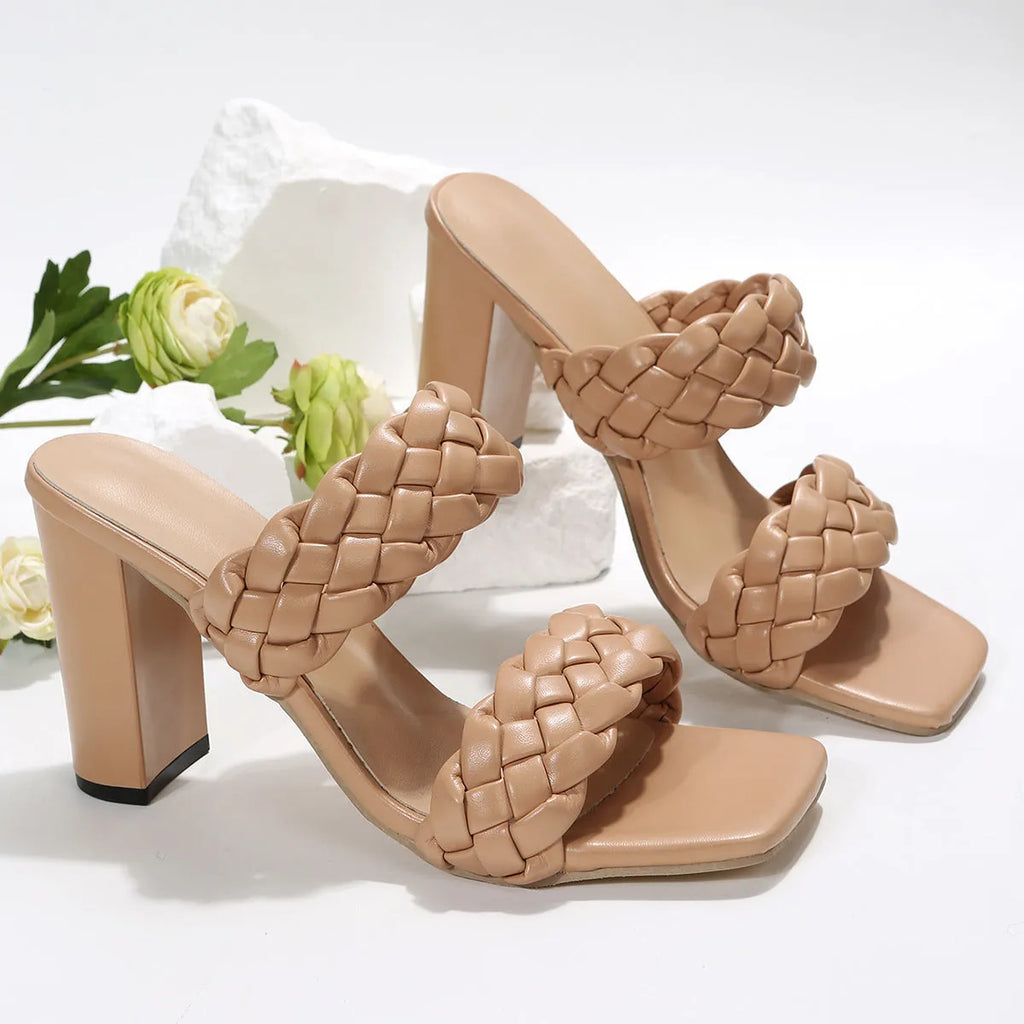 Square toe flip-flops with chunky heel and woven twisted straps in apricot colour