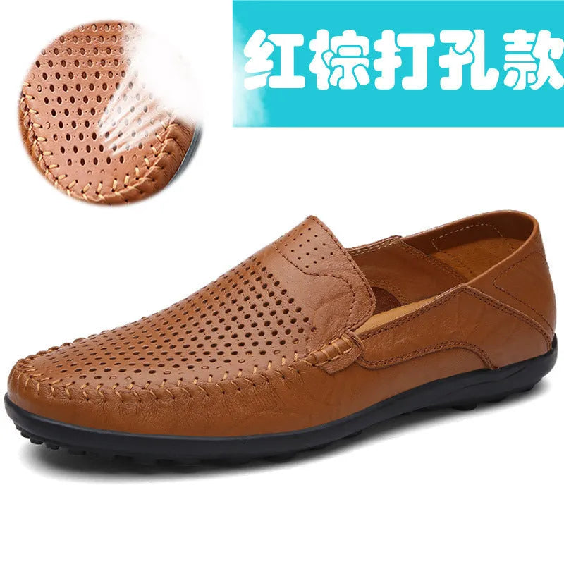 Men's brown leather casual shoes with round toe design and rubber sole for business casual wear