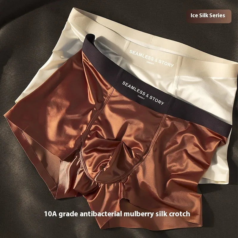 Men's solid colour ice silk nylon underwear in mid waist design on a neutral background.