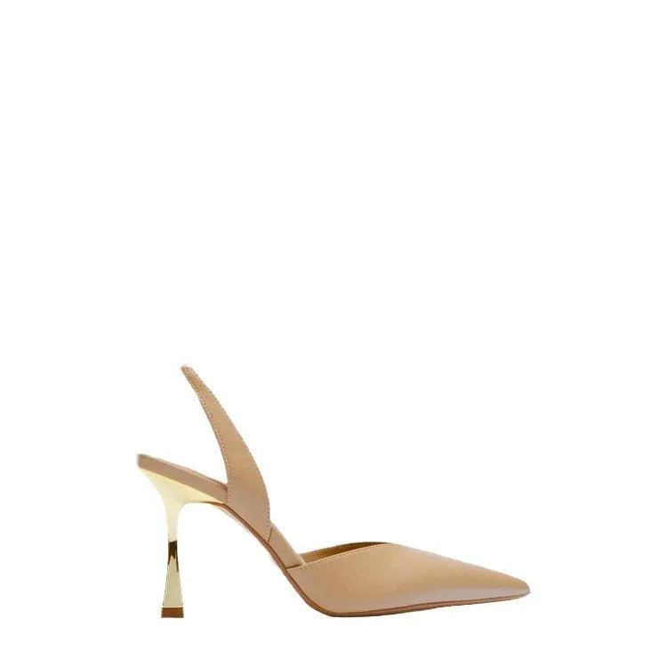 Women's pointed patent leather high heels in black and apricot colours with shallow mouth design