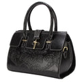 Genuine leather vintage embossed women's crossbody bag in black showing laptop compartment interior