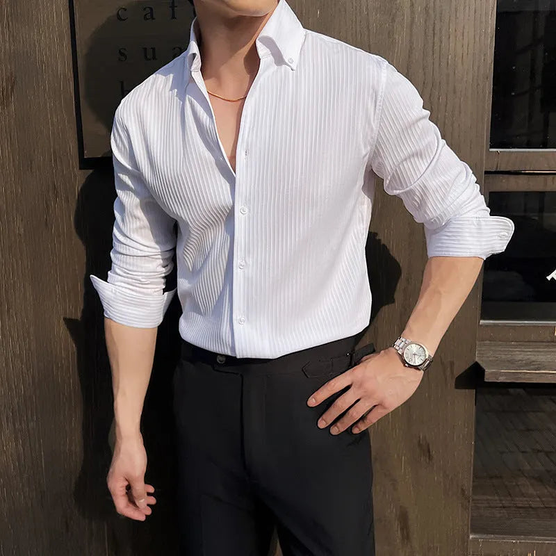 Men's black striped V-neck long sleeve shirt in regular fit cardigan style