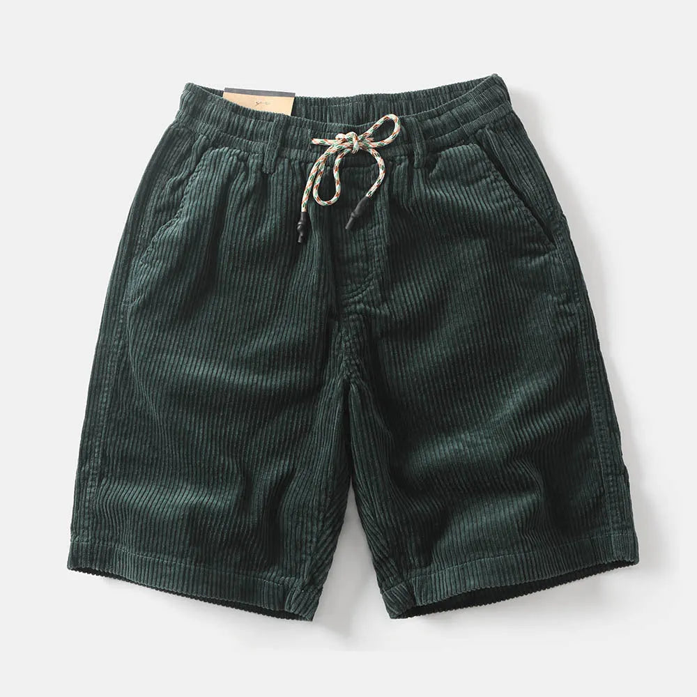 Men's khaki cargo shorts with straight leg cut and cargo pockets on thigh