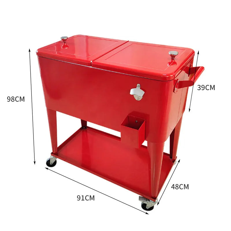 Red outdoor insulated picnic cart with metal frame and wheels for portable cooling