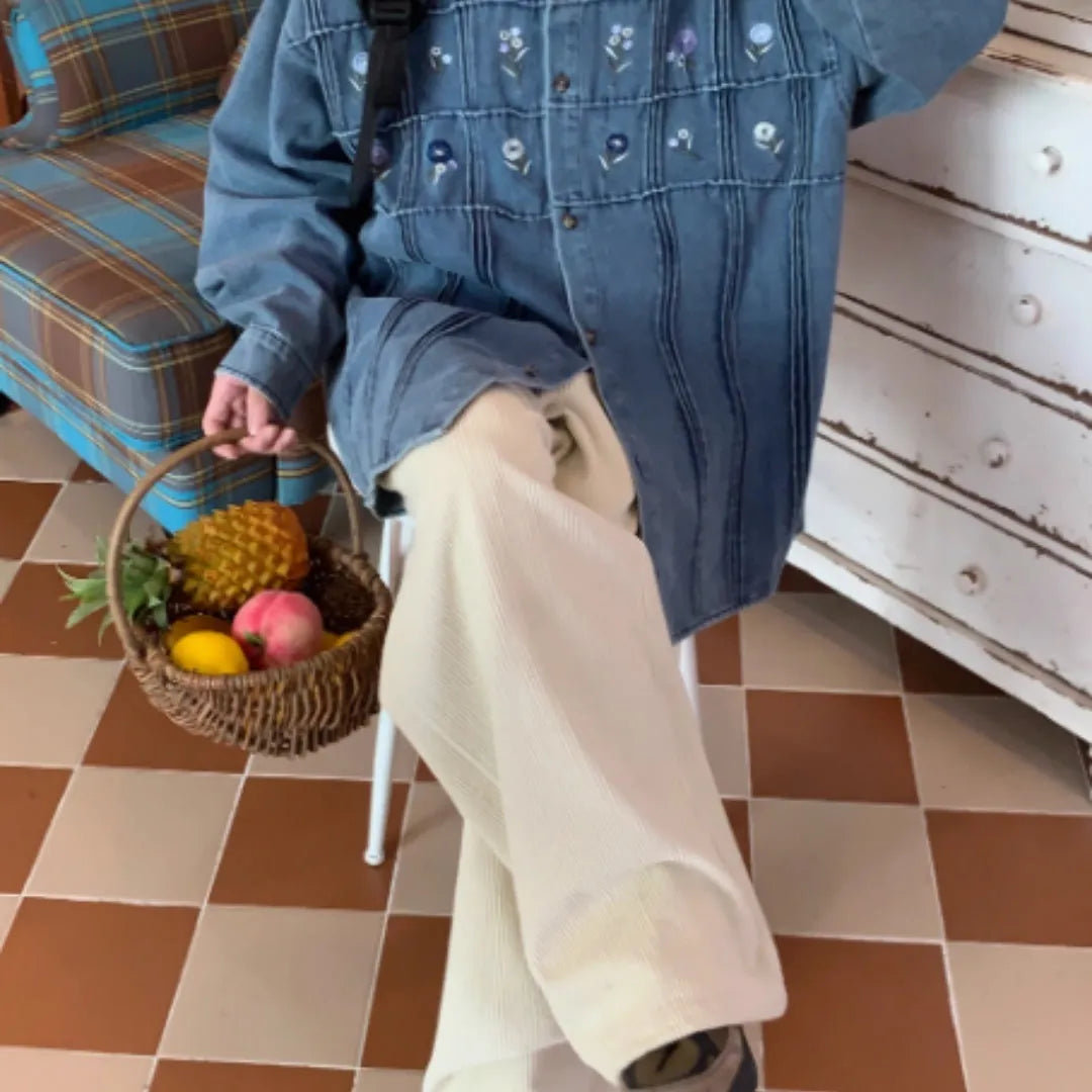 Vintage small floral pleated washed denim long sleeved shirt in washed blue colour with classic collar
