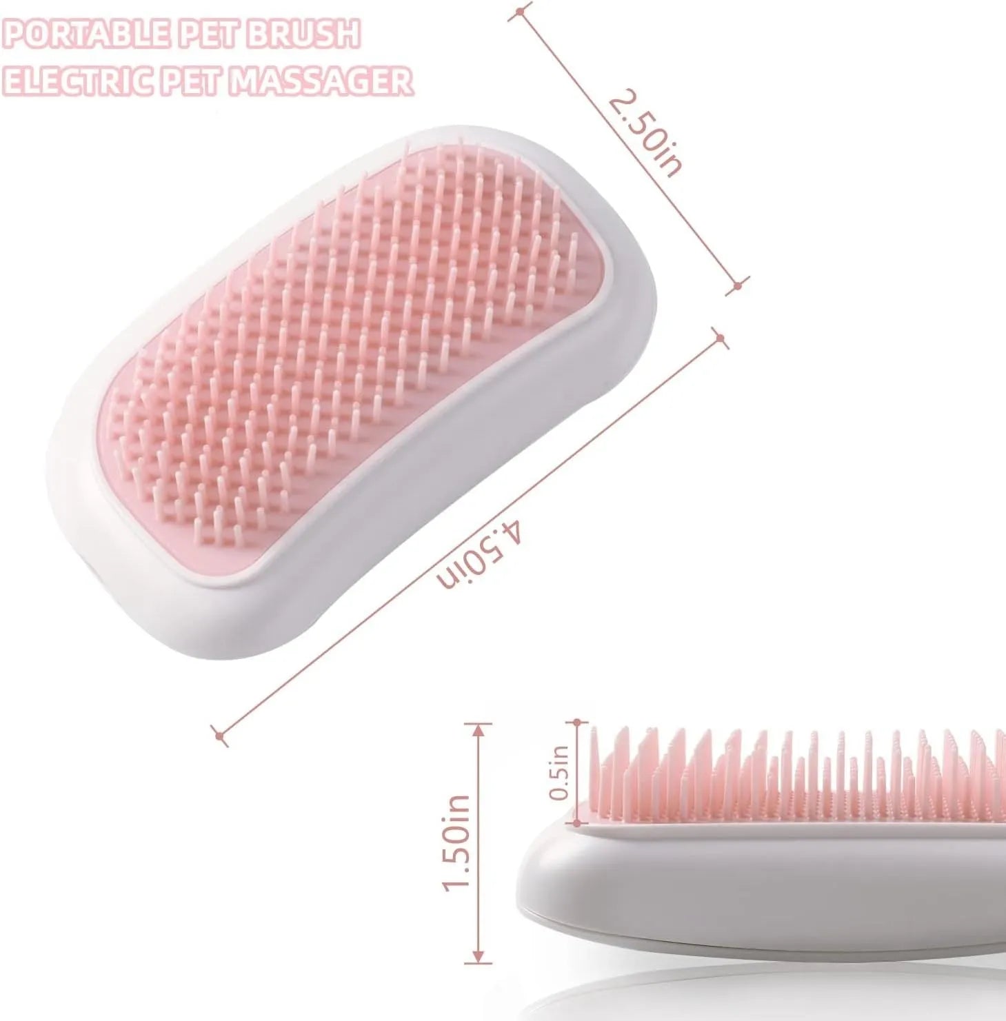 Light pink handheld electric vibration brush for grooming cats and dogs on a white background.