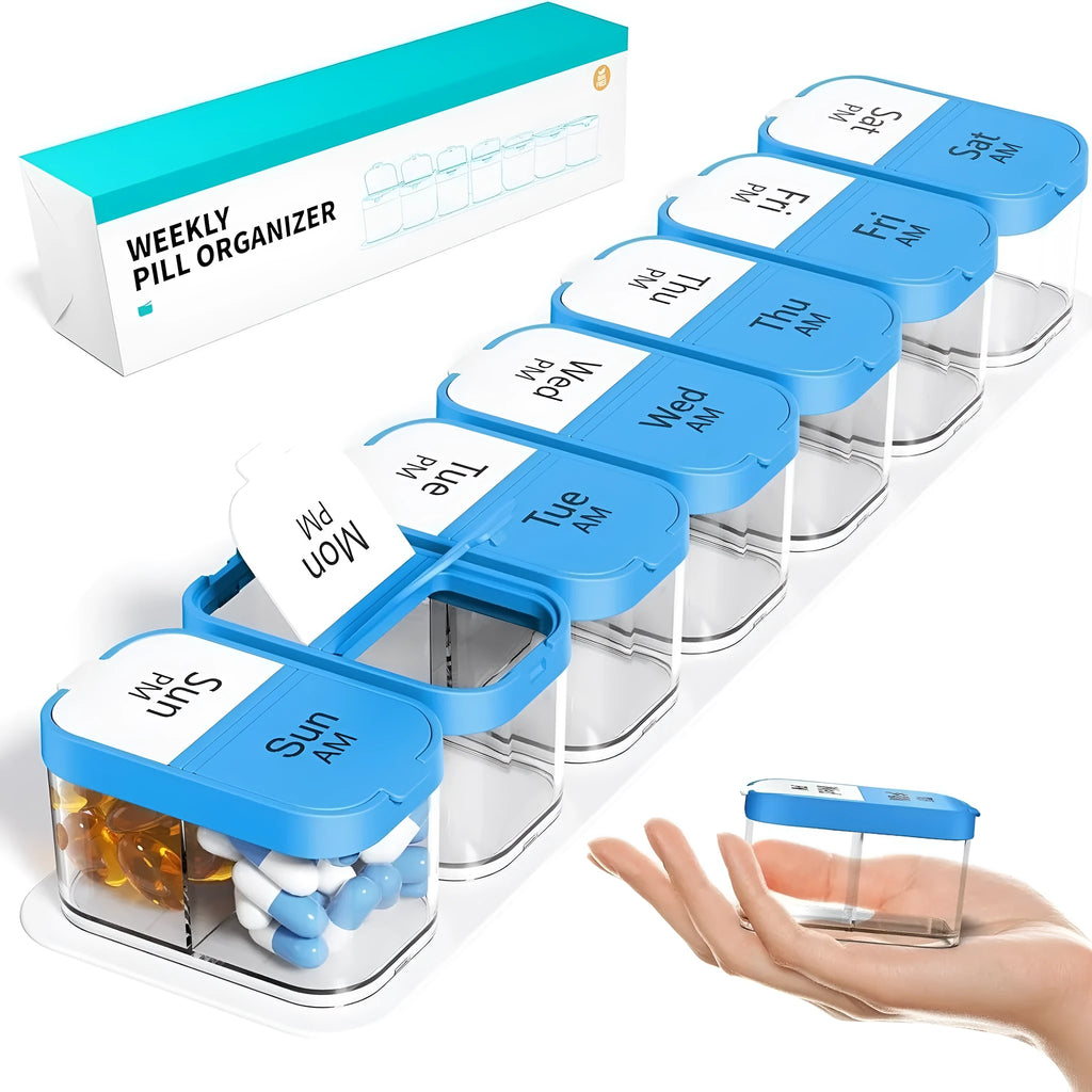 Extra large white and rainbow 14-compartment pill box organiser with removable dispensers
