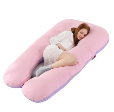 Large U-shaped pregnancy support pillow with removable cover in choice of fabrics.