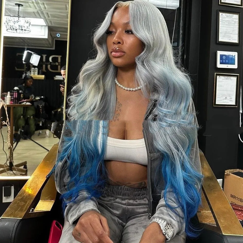 Gray blue ombre human hair lace front wig on a model, showing gradient colour and natural hairline.