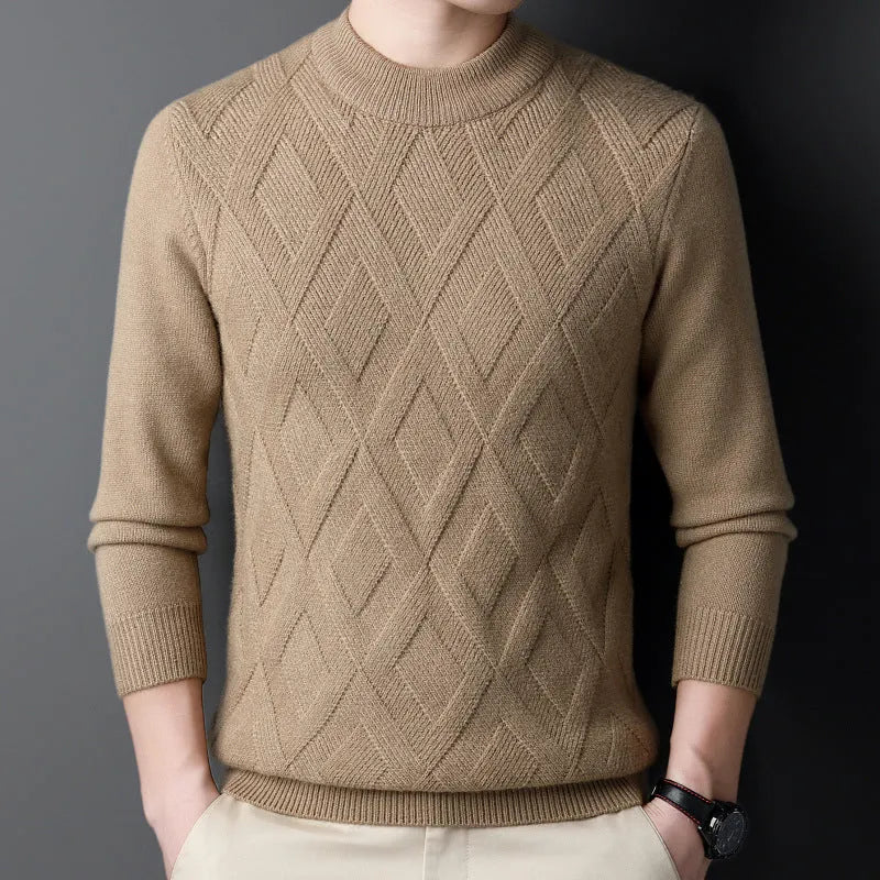 Men's winter thermal wool diamond jacquard pullover sweater shown in light camel colour
