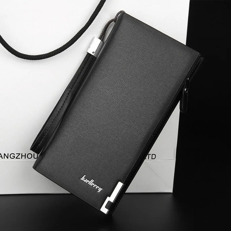 Men's black PU leather wallet with long zipper closure showing interior organisation