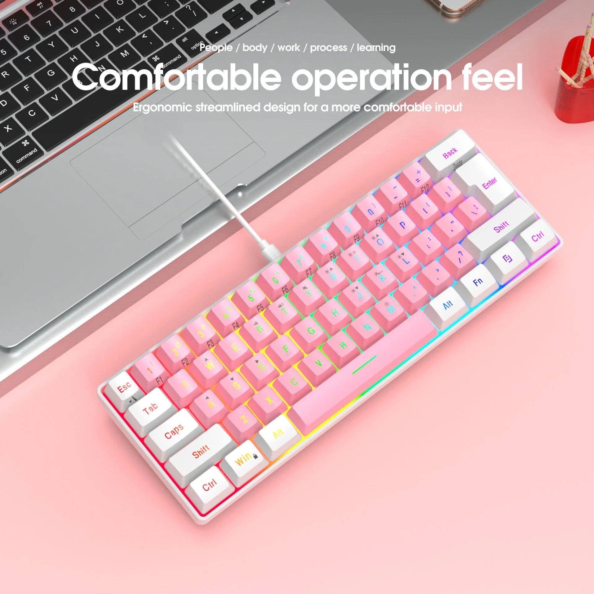 White and black wired 61 key membrane keyboard with compact design and USB cable