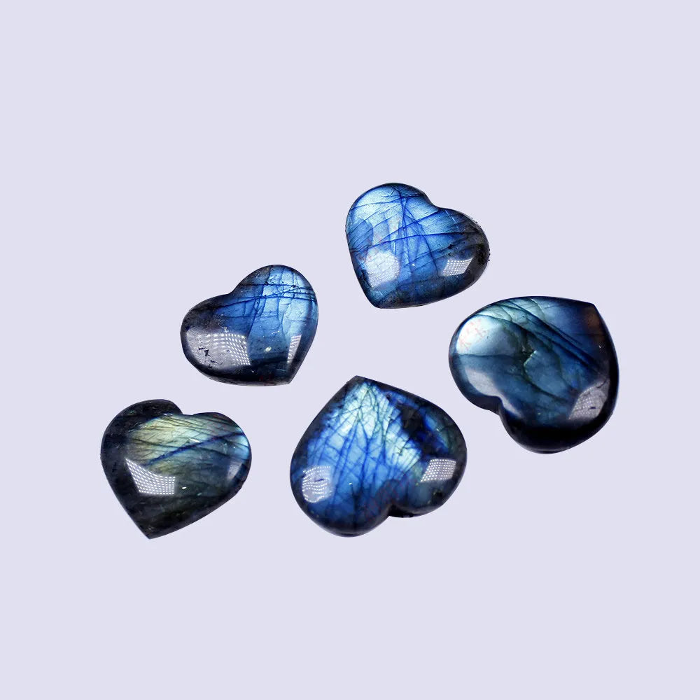 Natural pulled feldspar crystal heart pendant with handle design in blue moonlight colouration showing size options