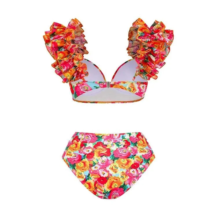 Women's floral push up bikini with high waist split design and quick-drying fabric
