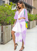 Light purple cotton-polyester beach dress cardigan with lace embroidery trim for swimming cover-up