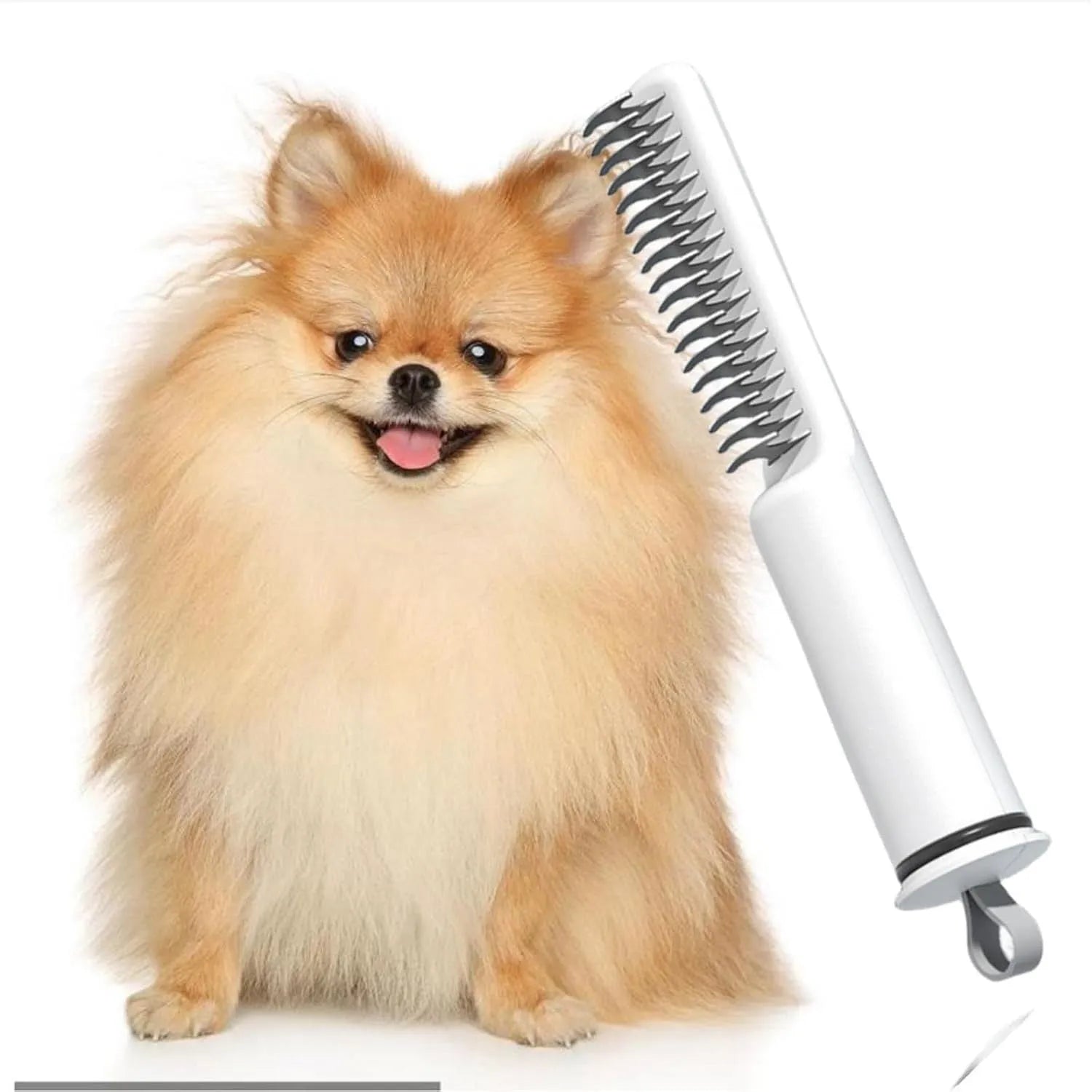 Stainless steel dog dematting comb with ergonomic handle on a white background
