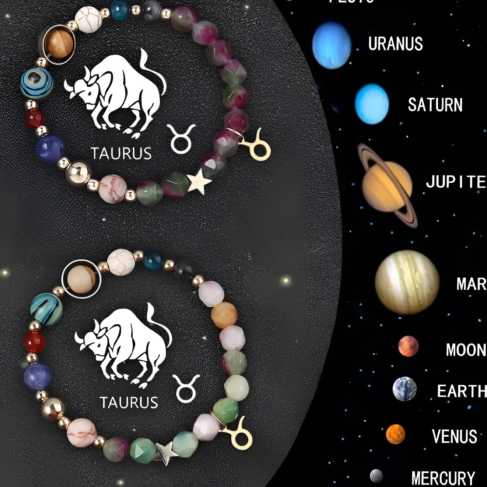 Set of two natural stone beaded bracelets for the twelve zodiac signs.