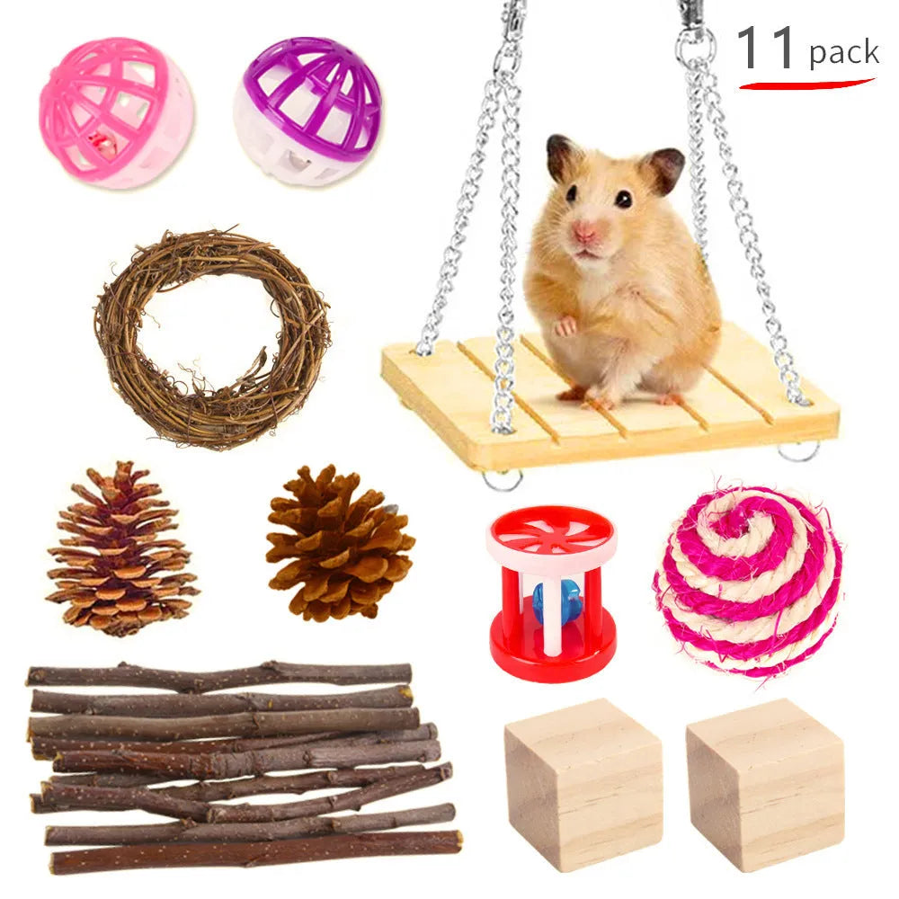 Wooden pet chewing toys bundle for rabbits guinea pigs and parrots with natural wood materials