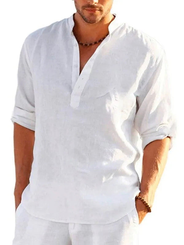 British style striped long sleeve shirt in bamboo hemp fabric for summer.