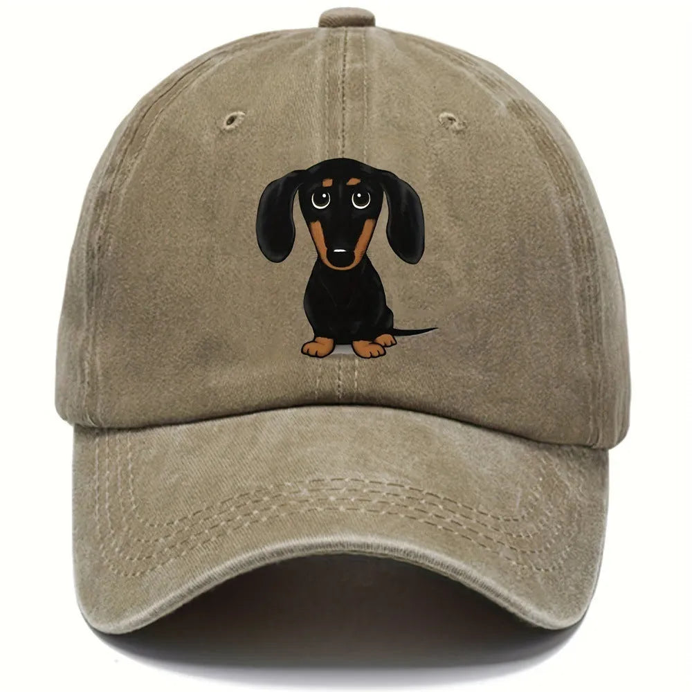 Retro washed baseball cap with embroidered dachshund design on cotton fabric